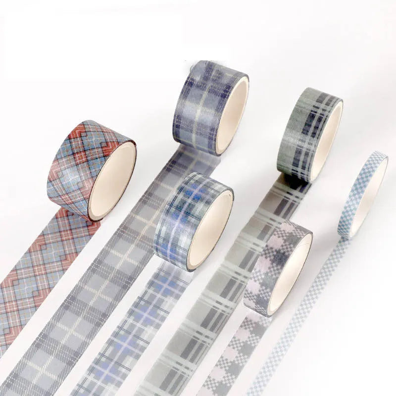Six rolls of decorative washi tape in various widths featuring colourful retro plaid patterns on Japanese paper.
