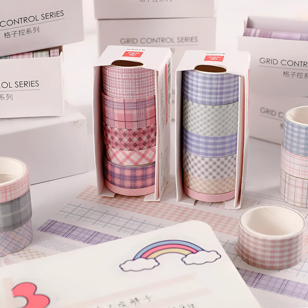 Six rolls of decorative washi tape in various widths featuring colourful retro plaid patterns on Japanese paper.