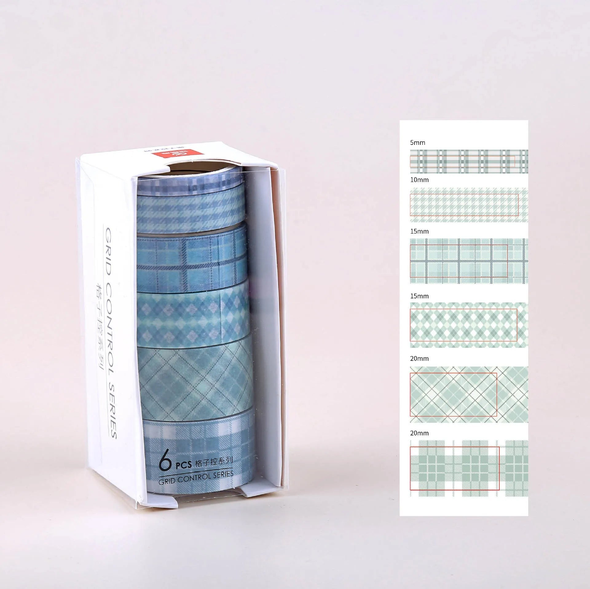 Six rolls of decorative washi tape in various widths featuring colourful retro plaid patterns on Japanese paper.