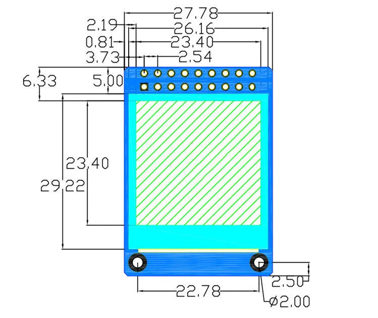 1.3-inch IPS LCD display module with 240x240 resolution measuring 27.78x39.22mm