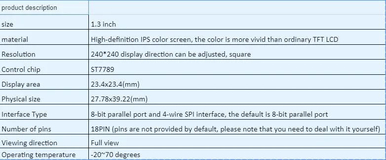 1.3-inch IPS LCD display module with 240x240 resolution measuring 27.78x39.22mm