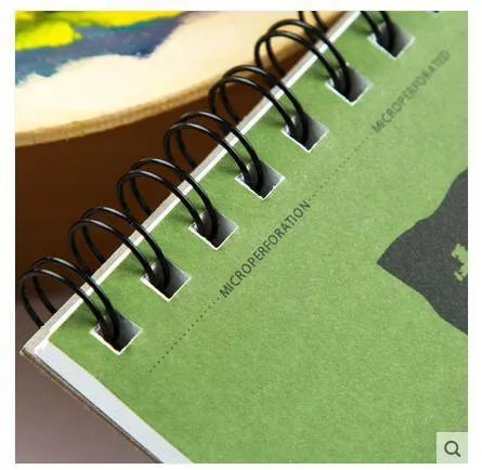 Green spiral-bound water soluble colour lead sketchbook open flat, showing thin paper suitable for pencil and wash techniques.