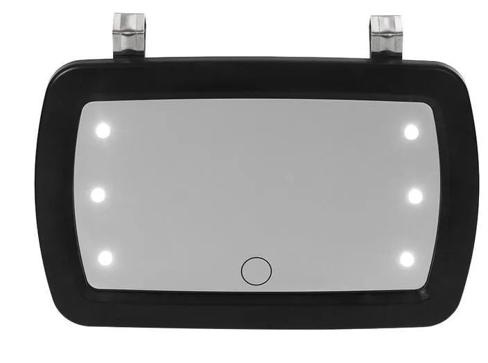 Car makeup mirror sun visor with finger touch switch, black ABS and glass shell, 6 LEDs