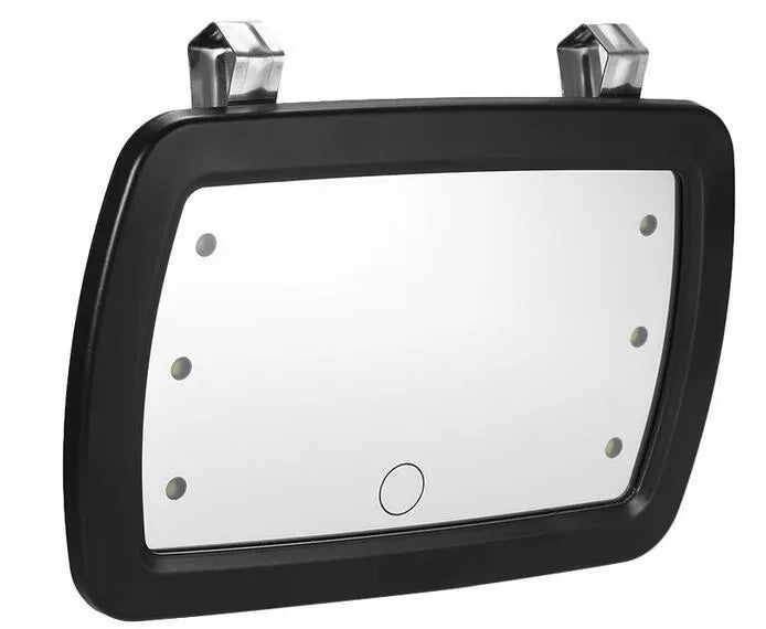 Car makeup mirror sun visor with finger touch switch, black ABS and glass shell, 6 LEDs