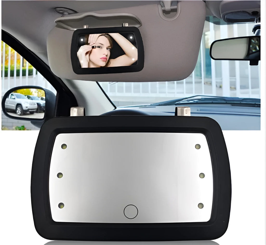 Car makeup mirror sun visor with finger touch switch, black ABS and glass shell, 6 LEDs