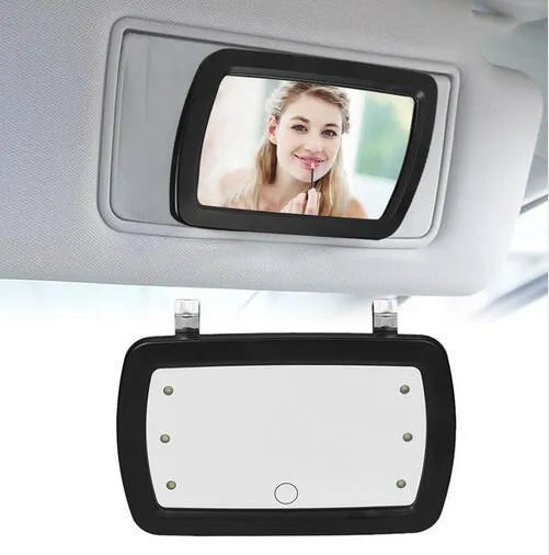 Car makeup mirror sun visor with finger touch switch, black ABS and glass shell, 6 LEDs