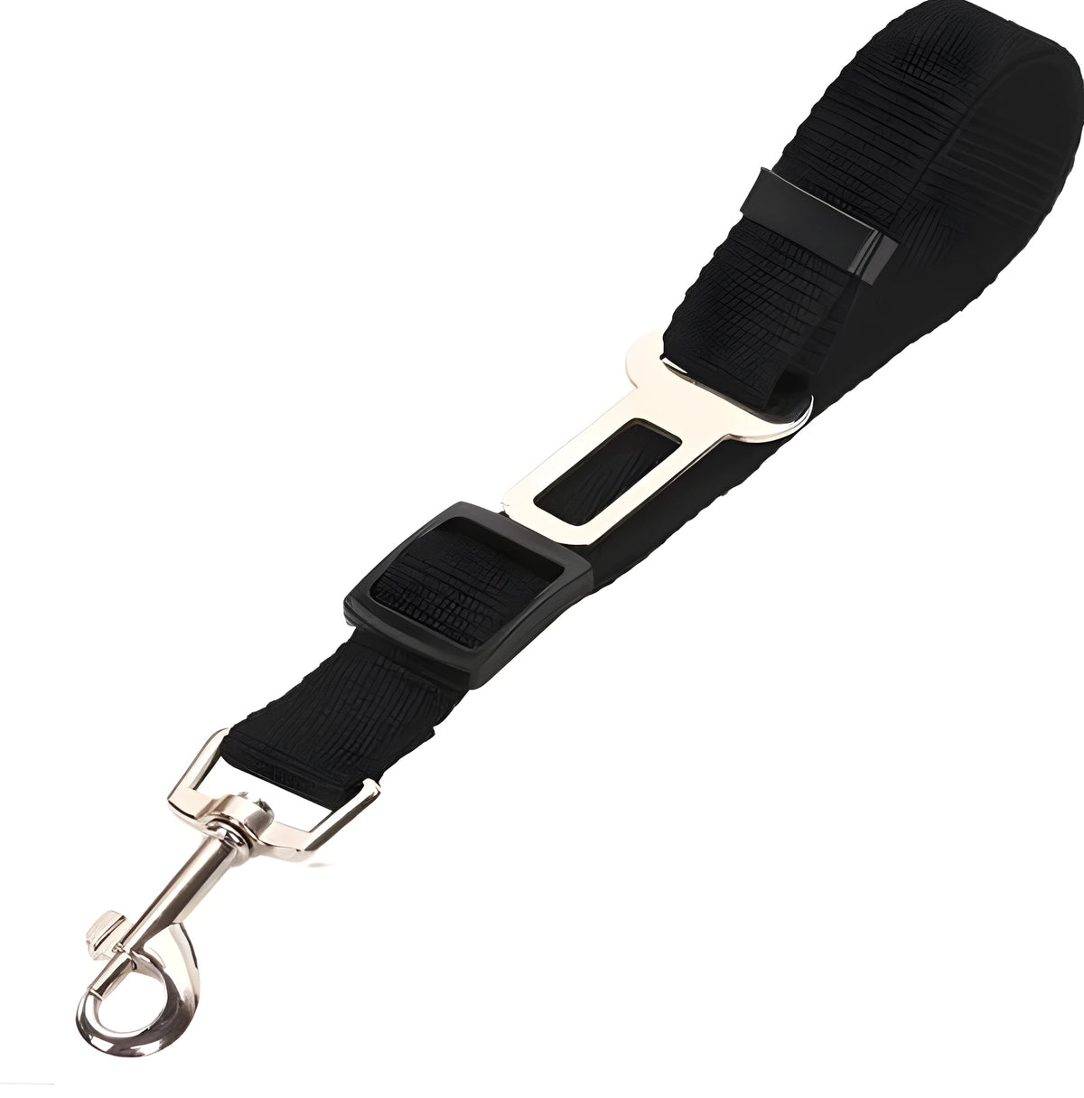 Pet car seat belt leash with 1.2m rope in black breathable mesh on a light background