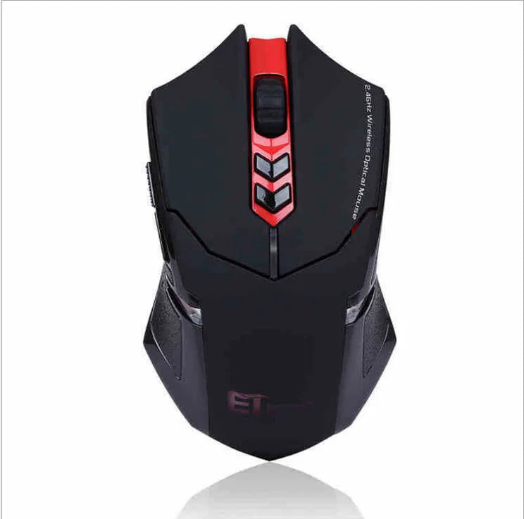 Wireless gaming mouse with 4000 DPI optical sensor, seven programmable keys, and four-way scroll wheel in black and red colour