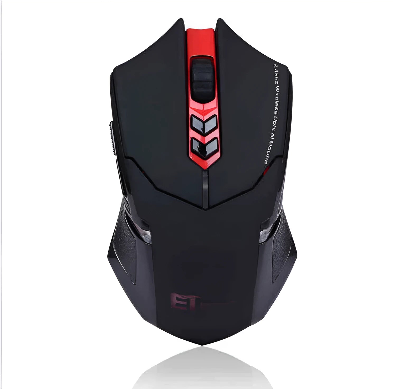 Wireless gaming mouse with 4000 DPI optical sensor, seven programmable keys, and four-way scroll wheel in black and red colour
