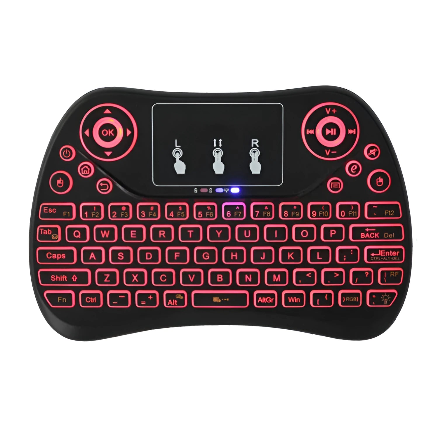 White mini wireless keyboard with colourful backlit keys and included flying squirrel mouse on a desk