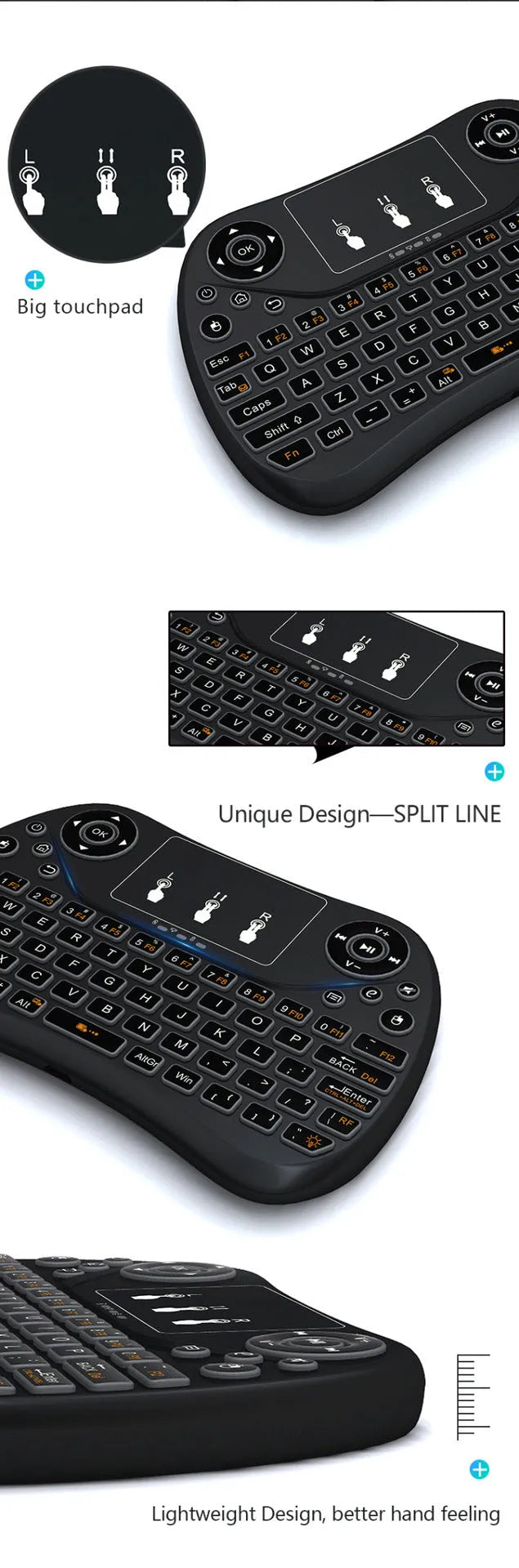 White mini wireless keyboard with colourful backlit keys and included flying squirrel mouse on a desk