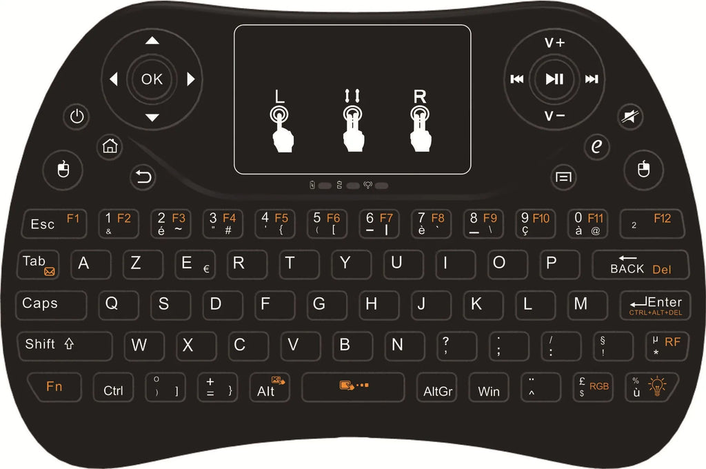 White mini wireless keyboard with colourful backlit keys and included flying squirrel mouse on a desk