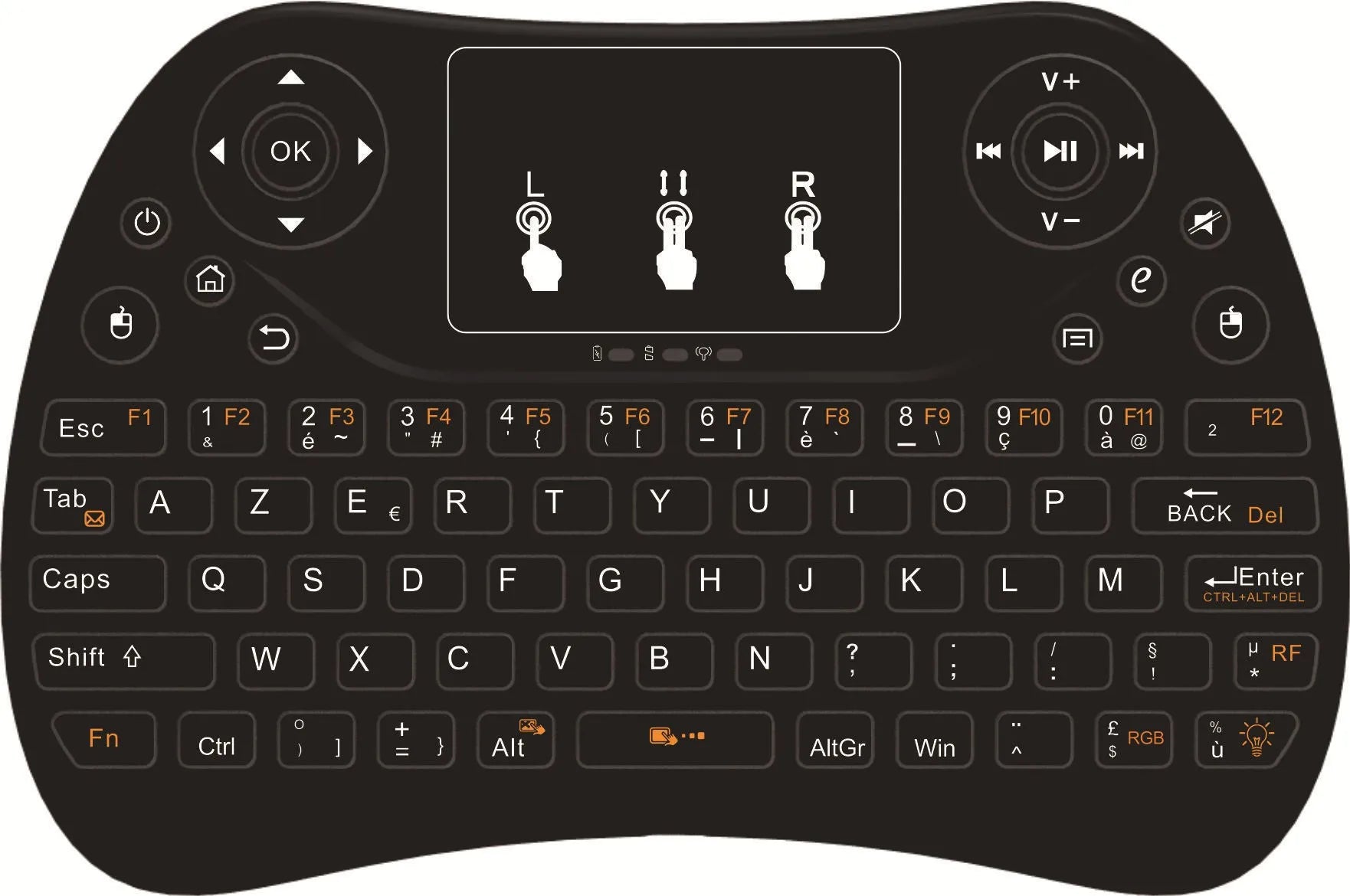 White mini wireless keyboard with colourful backlit keys and included flying squirrel mouse on a desk