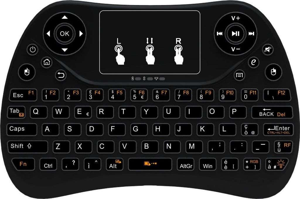 White mini wireless keyboard with colourful backlit keys and included flying squirrel mouse on a desk