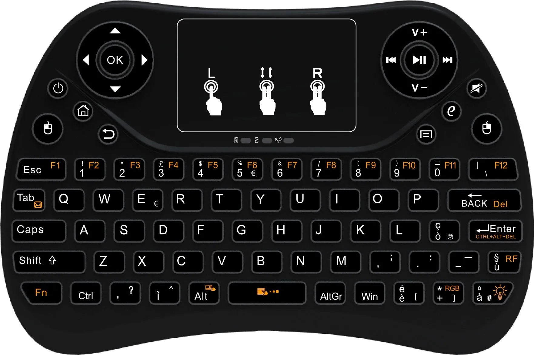 White mini wireless keyboard with colourful backlit keys and included flying squirrel mouse on a desk