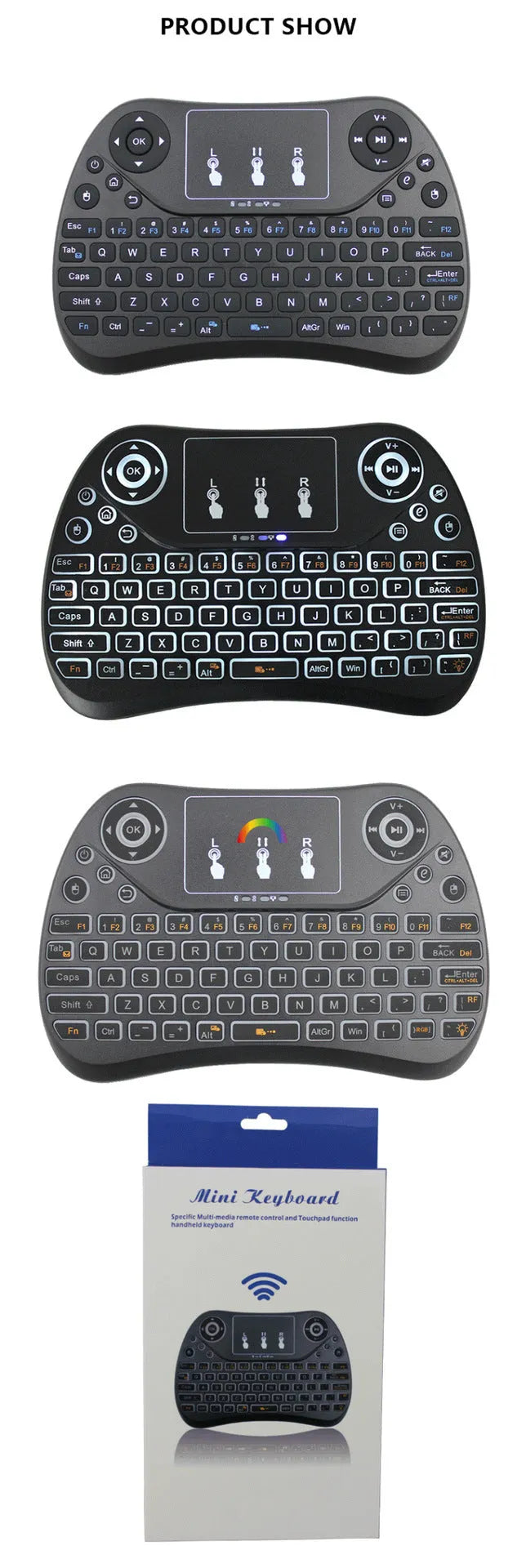 White mini wireless keyboard with colourful backlit keys and included flying squirrel mouse on a desk