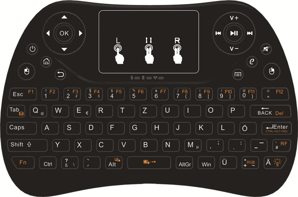 White mini wireless keyboard with colourful backlit keys and included flying squirrel mouse on a desk
