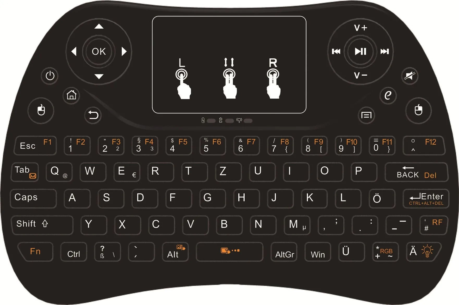 White mini wireless keyboard with colourful backlit keys and included flying squirrel mouse on a desk