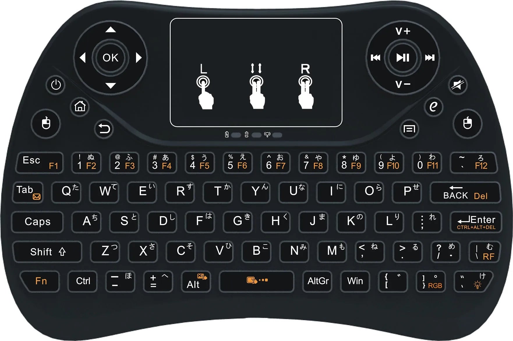 White mini wireless keyboard with colourful backlit keys and included flying squirrel mouse on a desk