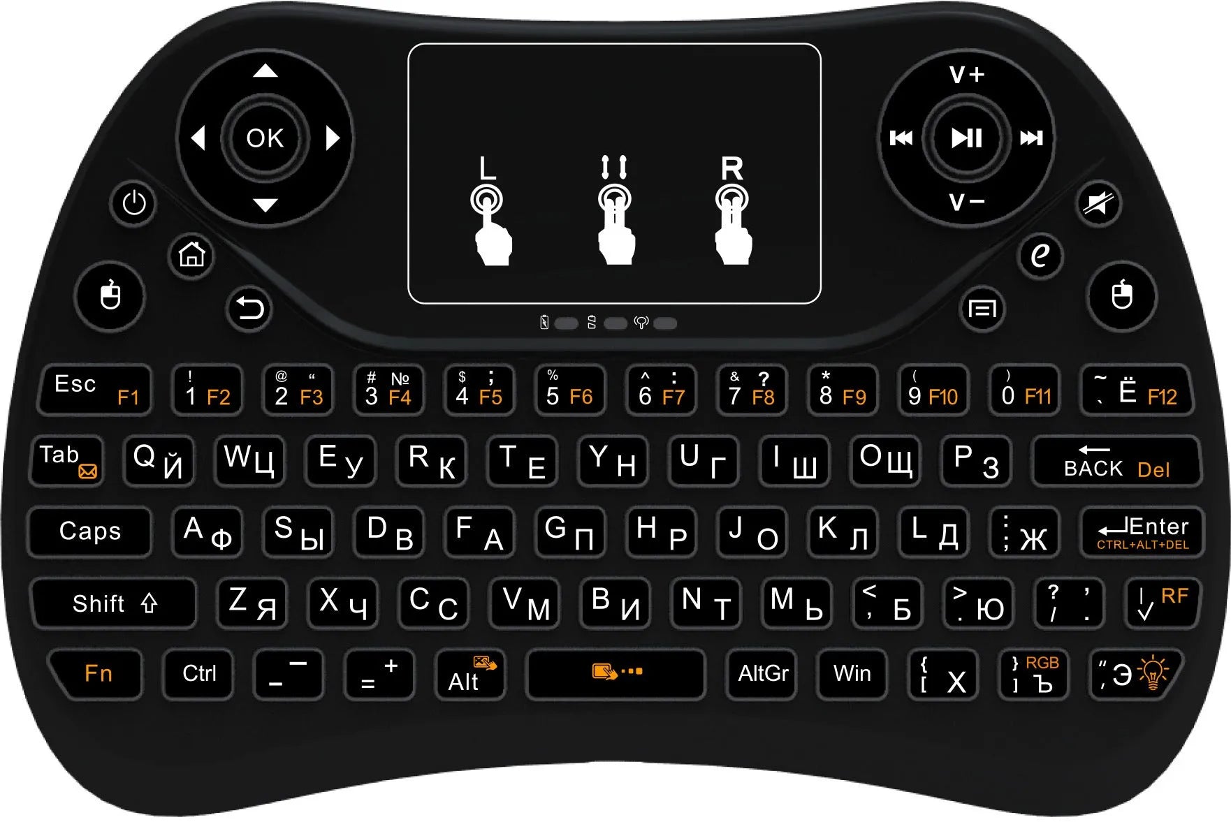 White mini wireless keyboard with colourful backlit keys and included flying squirrel mouse on a desk