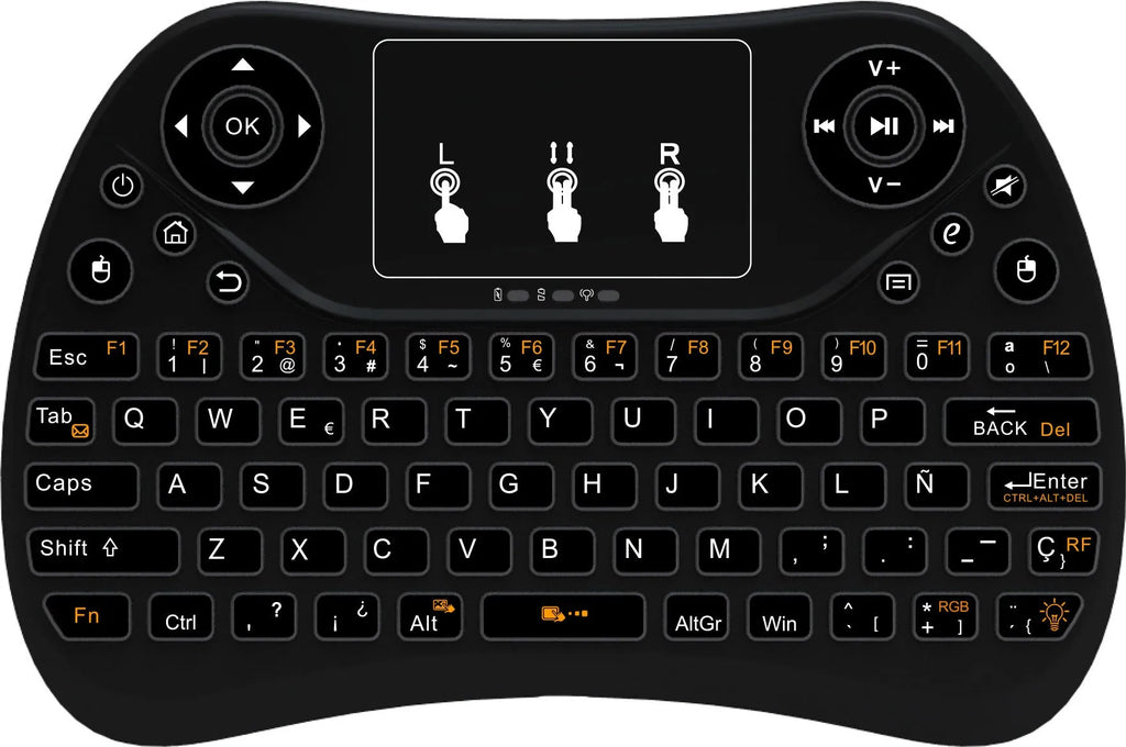 White mini wireless keyboard with colourful backlit keys and included flying squirrel mouse on a desk