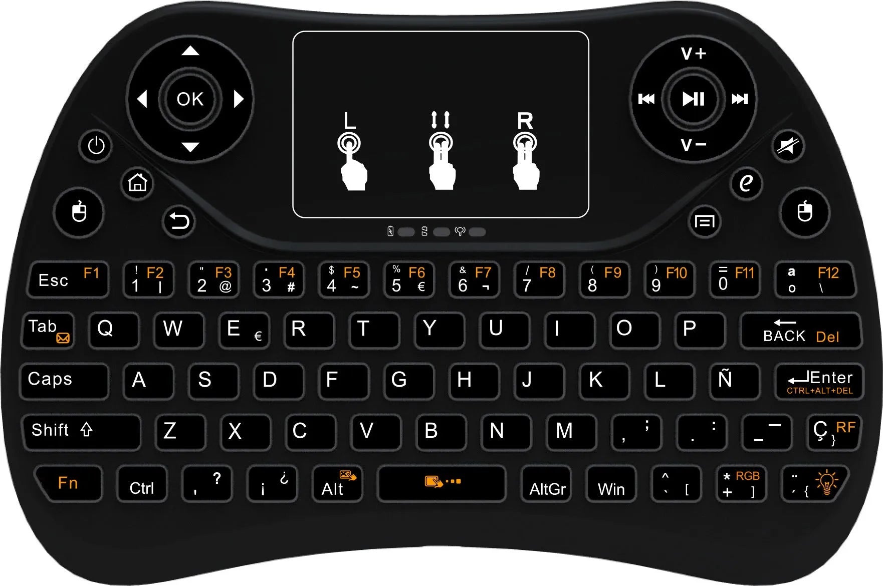 White mini wireless keyboard with colourful backlit keys and included flying squirrel mouse on a desk