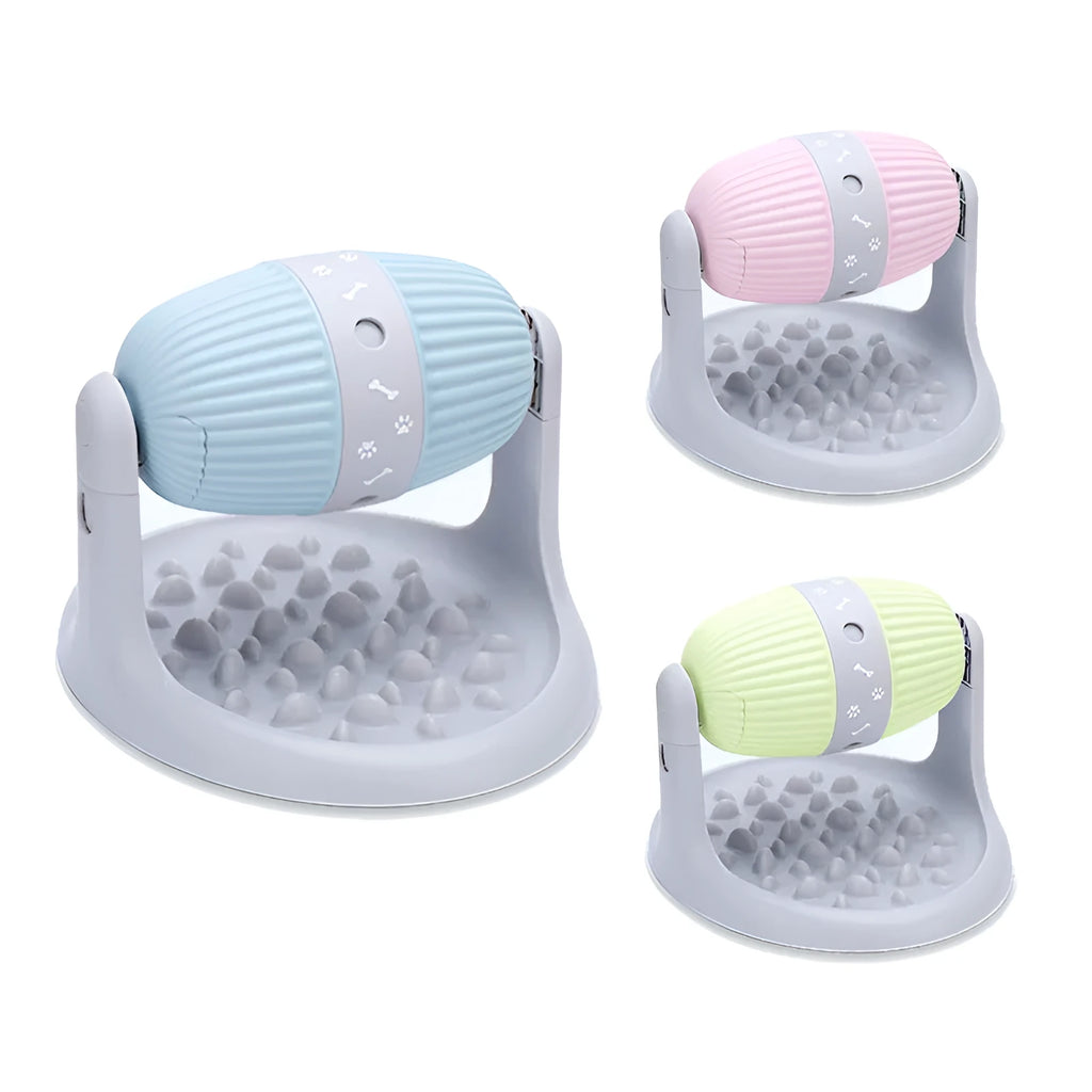 Spilled Food Ball slow feeder toy for dogs in blue, green, and pink colours, made of ABS plastic
