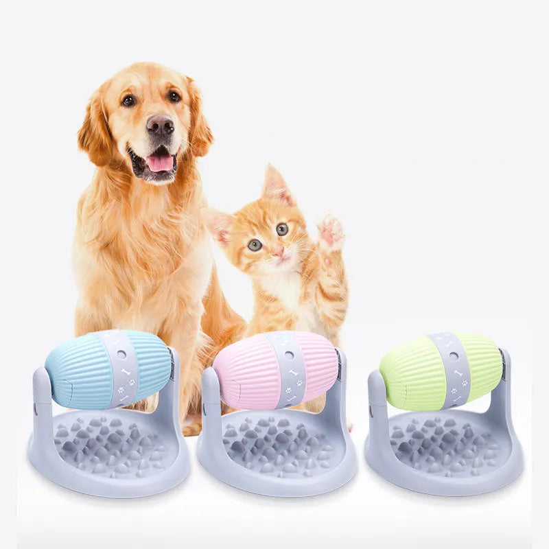 Spilled Food Ball slow feeder toy for dogs in blue, green, and pink colours, made of ABS plastic