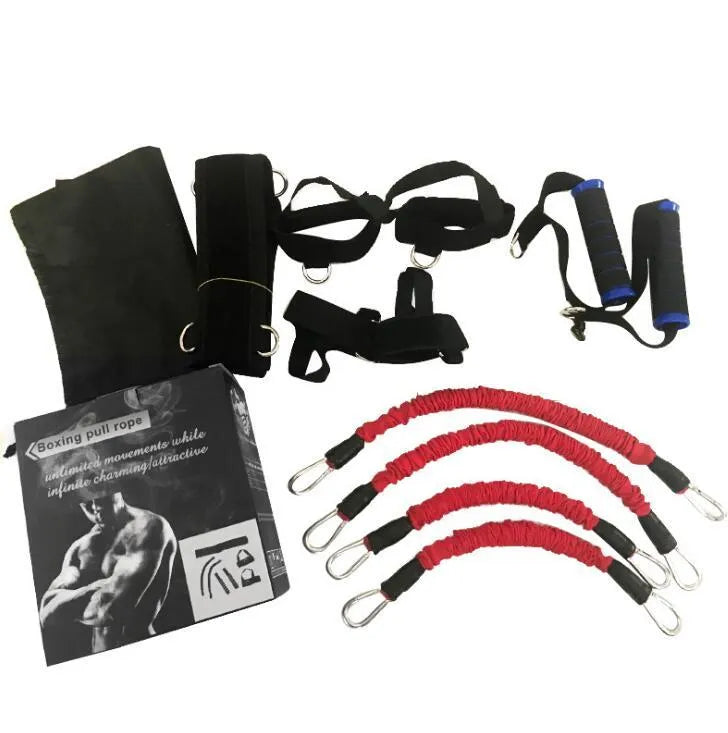 Boxing training belt set with 30LBS pull tubes, black waist belt, and straps on floor
