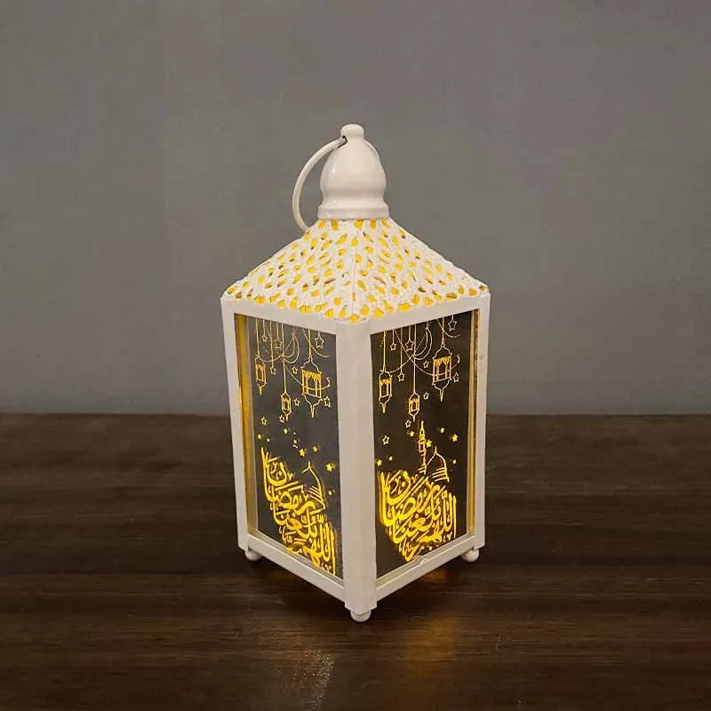 Eid Mubarak decor string lights with iron small wind lantern ornaments in gold and white, European calligraphy pattern