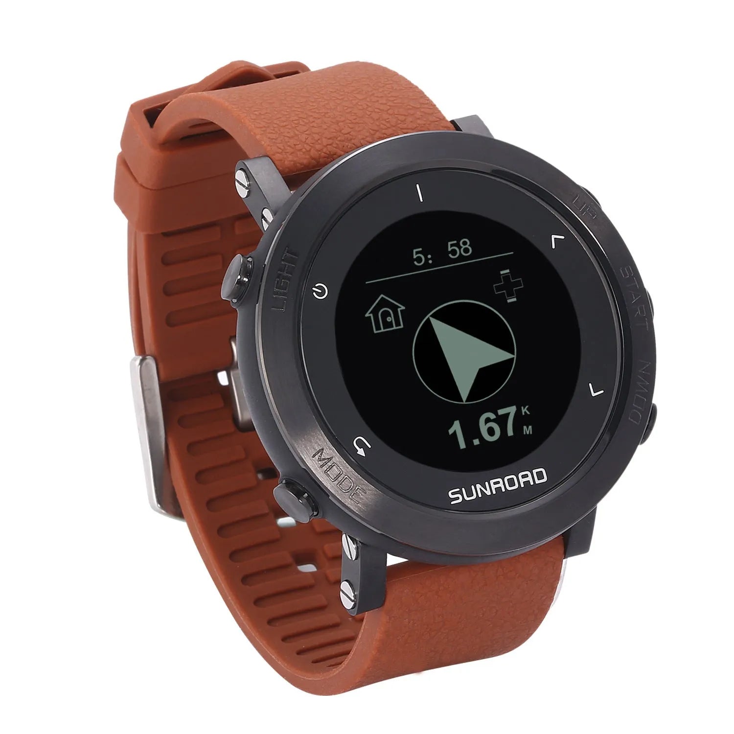 Smart sports watch with stainless steel bezel showing GPS tracking and heart rate display