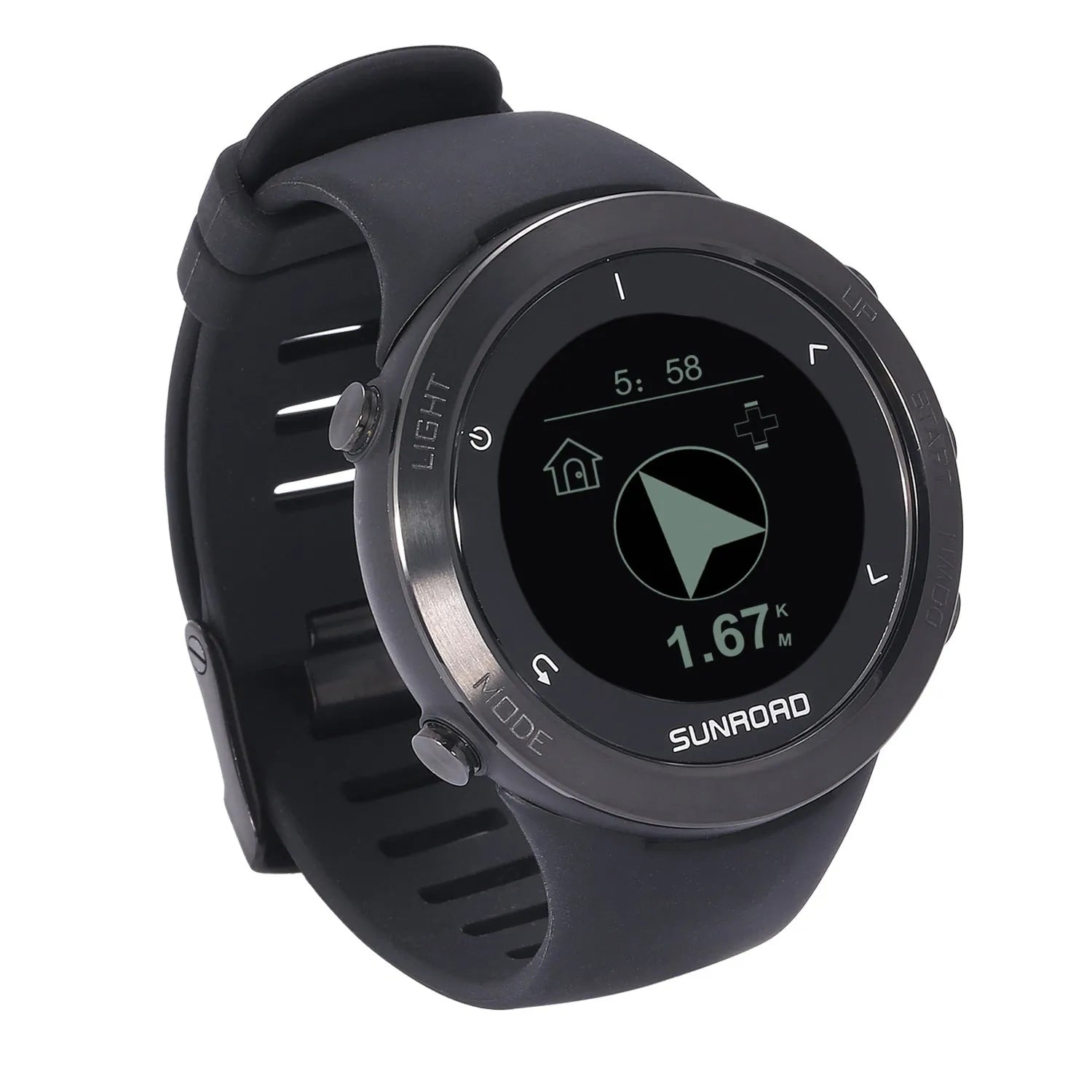 Smart sports watch with stainless steel bezel showing GPS tracking and heart rate display