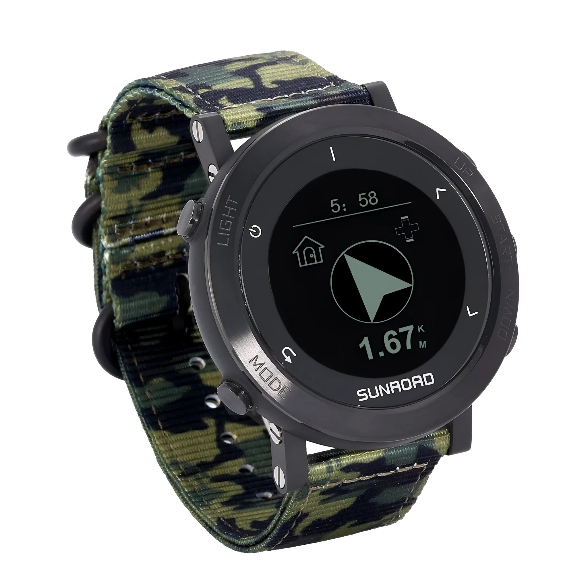 Smart sports watch with stainless steel bezel showing GPS tracking and heart rate display