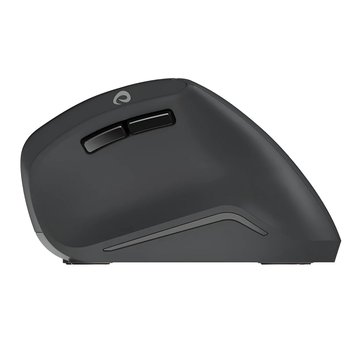 Black vertical ergonomic wireless mouse with 2.4G USB receiver on a desk