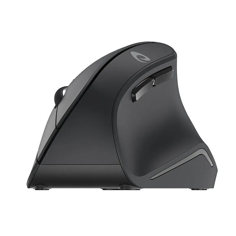 Black vertical ergonomic wireless mouse with 2.4G USB receiver on a desk