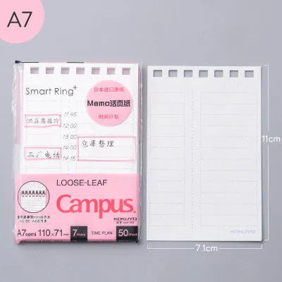 A7 detachable coil notebook with hard cover showing multiple loose-leaf paper types including timeline, checkered and blank formats