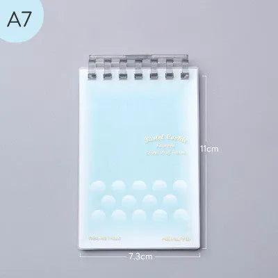 A7 detachable coil notebook with hard cover showing multiple loose-leaf paper types including timeline, checkered and blank formats