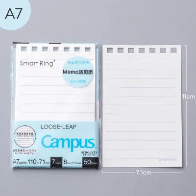 A7 detachable coil notebook with hard cover showing multiple loose-leaf paper types including timeline, checkered and blank formats