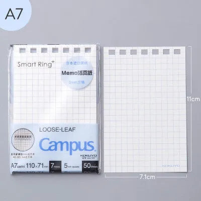 A7 detachable coil notebook with hard cover showing multiple loose-leaf paper types including timeline, checkered and blank formats