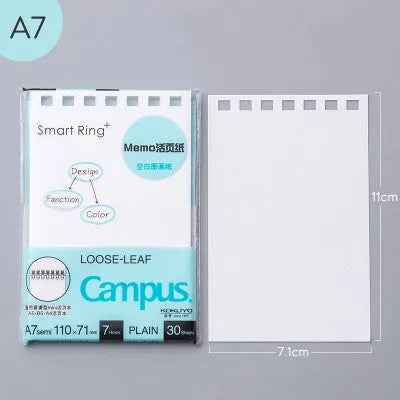 A7 detachable coil notebook with hard cover showing multiple loose-leaf paper types including timeline, checkered and blank formats