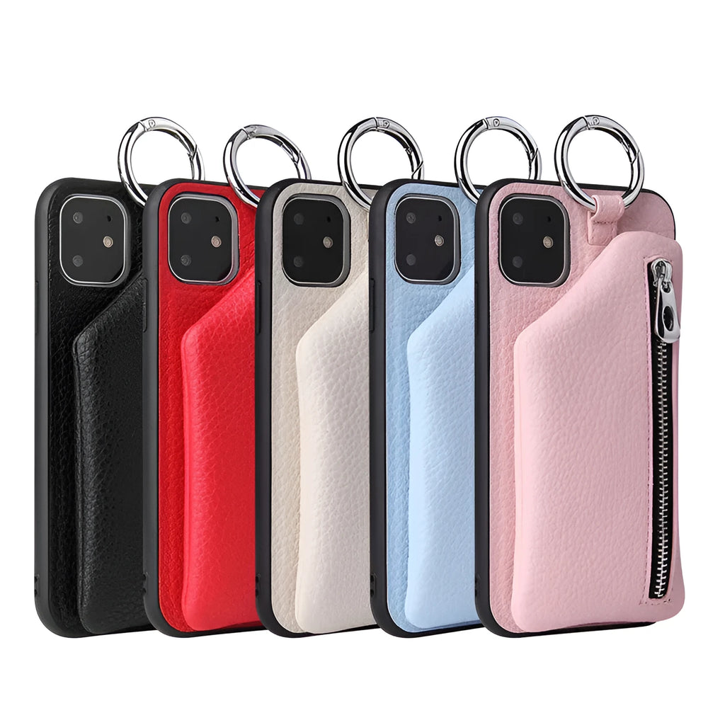 PU leather smartphone case with a detachable crossbody lanyard and a built-in card slot in a solid colour.