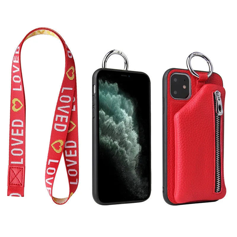 PU leather smartphone case with a detachable crossbody lanyard and a built-in card slot in a solid colour.