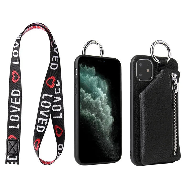 PU leather smartphone case with a detachable crossbody lanyard and a built-in card slot in a solid colour.
