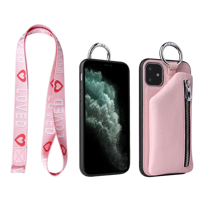 PU leather smartphone case with a detachable crossbody lanyard and a built-in card slot in a solid colour.