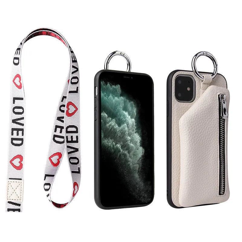 PU leather smartphone case with a detachable crossbody lanyard and a built-in card slot in a solid colour.