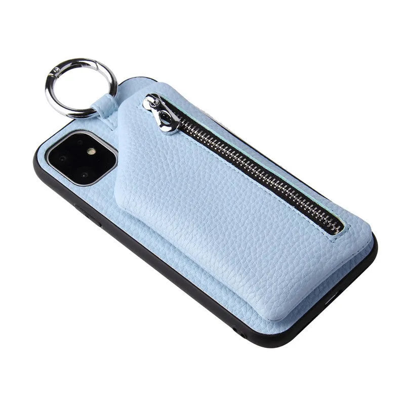 PU leather smartphone case with a detachable crossbody lanyard and a built-in card slot in a solid colour.