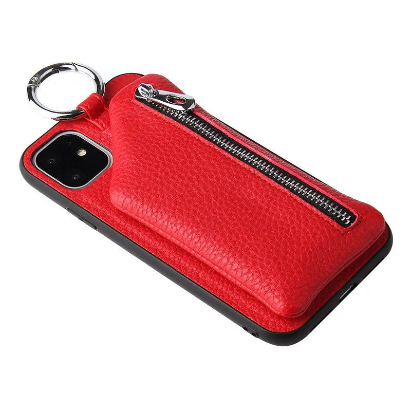 PU leather smartphone case with a detachable crossbody lanyard and a built-in card slot in a solid colour.