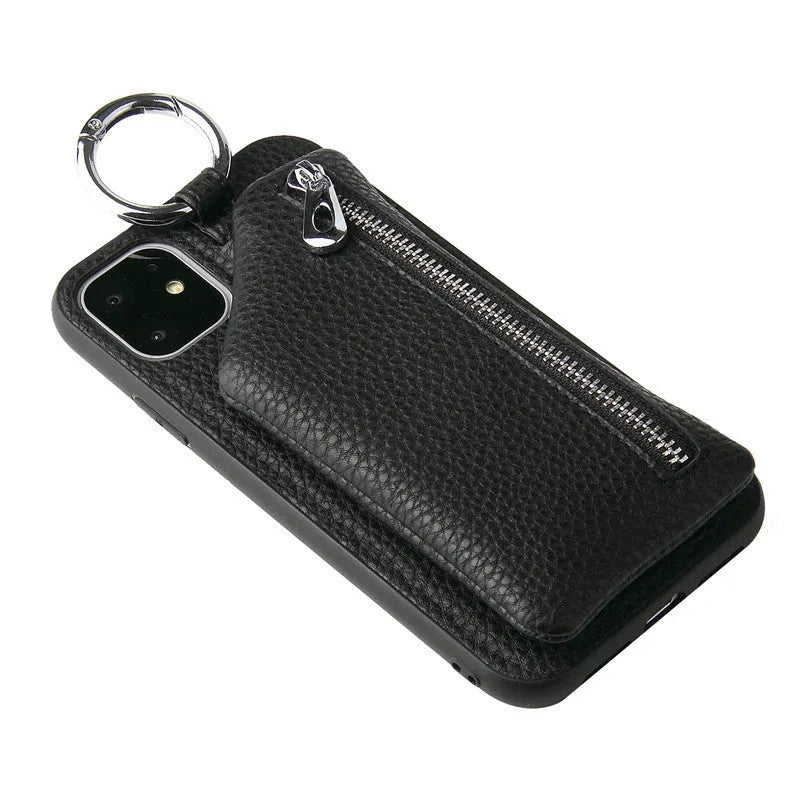 PU leather smartphone case with a detachable crossbody lanyard and a built-in card slot in a solid colour.