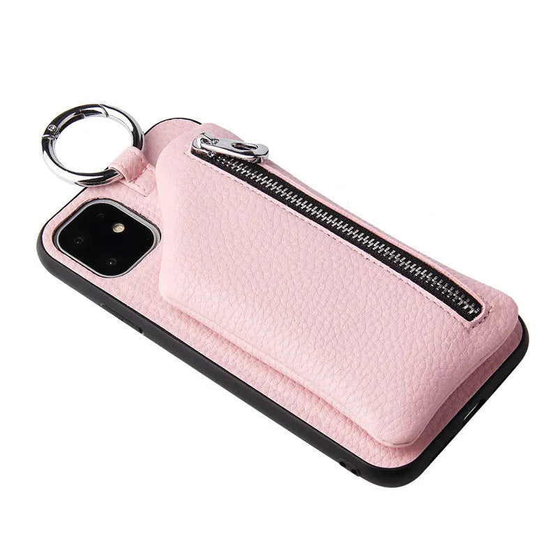 PU leather smartphone case with a detachable crossbody lanyard and a built-in card slot in a solid colour.
