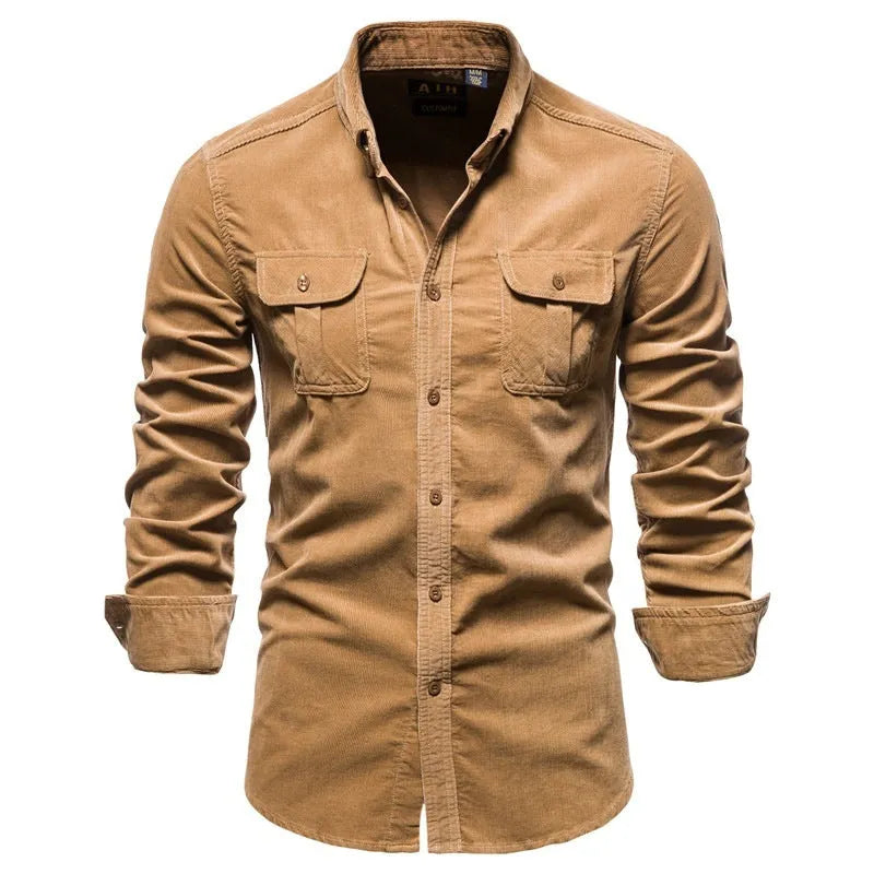 Men's long sleeve linen shirt on hanger showing colour options like denim blue, army green, and red.